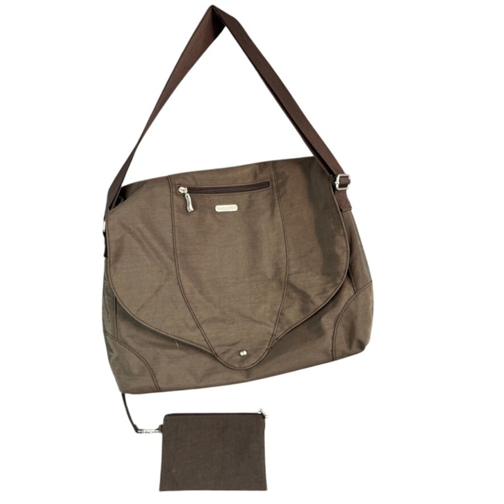 Baggallini Brown Nylon Messenger Crossbody Bag with Removable Pouch Red Lining